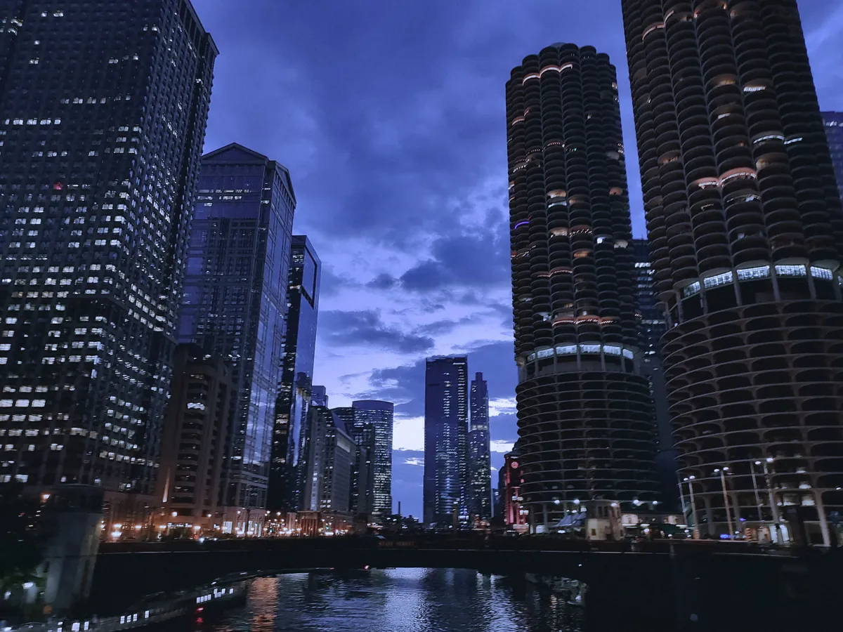 Chicago River and skyline at blue hour
